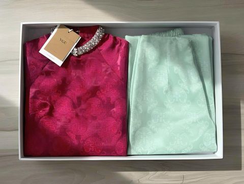 VGU1967 SET ÁO DÀI CỔ KẾT CƯỜM IN HỌA TIẾT CC