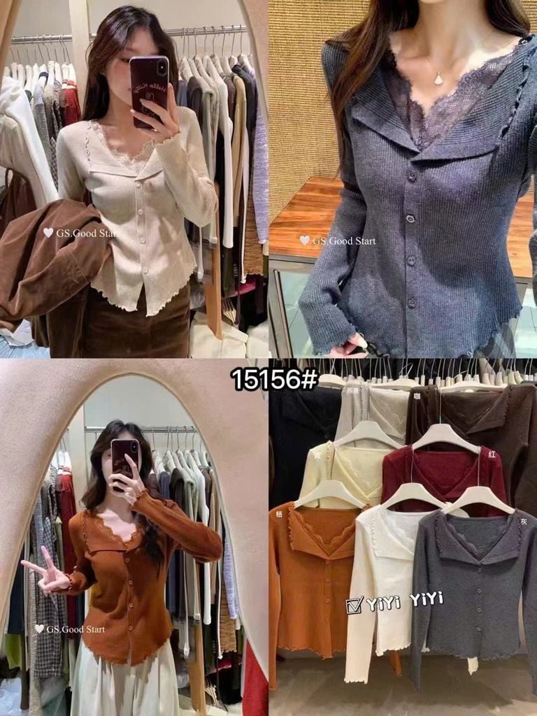 LEN5793 ÁO LEN CỔ REN NÚT HOA (KEM) 9106