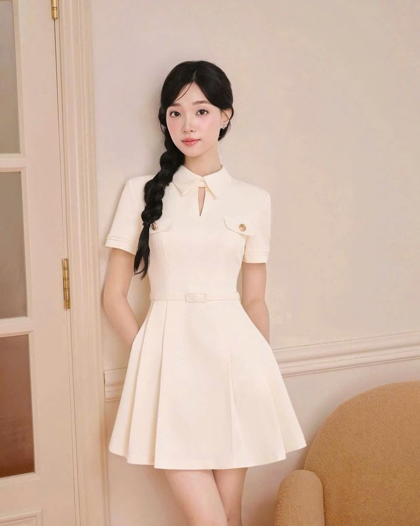 VGU1978 - ĐẦM NGẮN PHỐI NẮP TÚI, KÈM NỊT (TRẮNG)