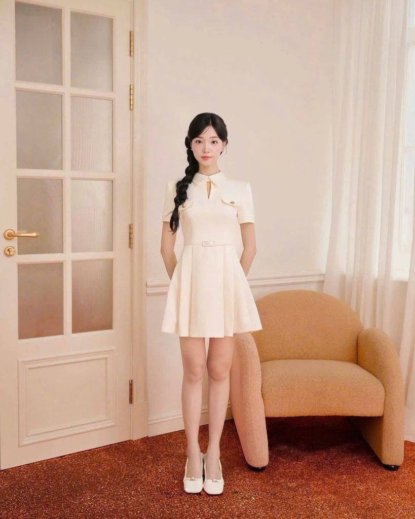 VGU1978 - ĐẦM NGẮN PHỐI NẮP TÚI, KÈM NỊT (TRẮNG)