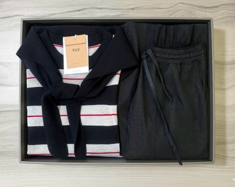 VGU1983 - SET ÁO LEN SỌC ĐEN- QUẦN THỤNG DÀI ( KÈM KHĂN CHOÀNG CỔ)