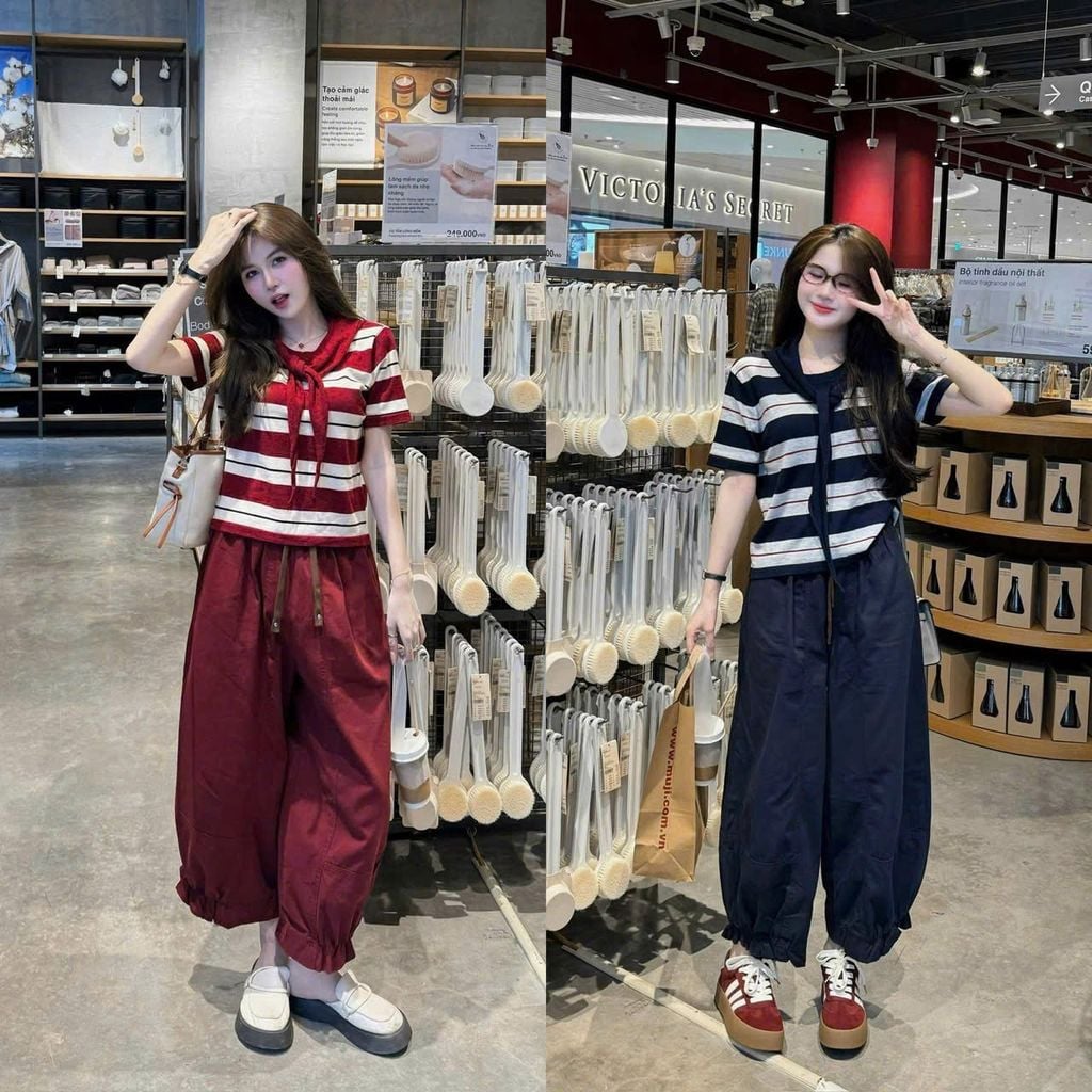 VGU1983 - SET ÁO LEN SỌC ĐEN- QUẦN THỤNG DÀI ( KÈM KHĂN CHOÀNG CỔ)