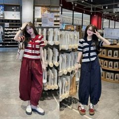 VGU1983 - SET ÁO LEN SỌC ĐEN- QUẦN THỤNG DÀI ( KÈM KHĂN CHOÀNG CỔ)