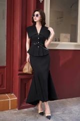 VGU1991 SET ÁO TK CỔ CHOÀNG - C.VÁY ĐUÔI CÁ + NỊT ĐEN