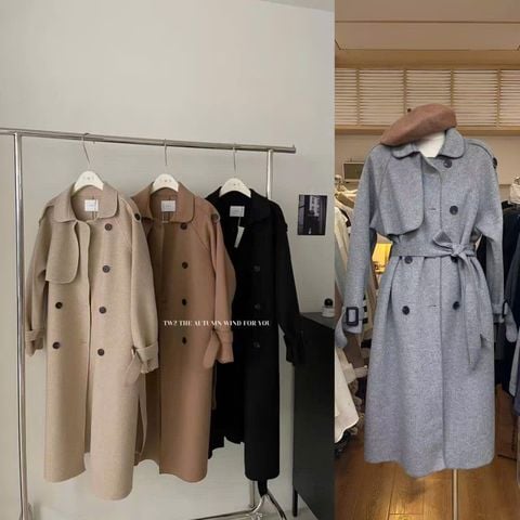 LEN5971 MĂNG-TÔ DẠ DÀI CỔ VEST + ĐAI (NÂU) 15212