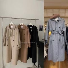 LEN5971 MĂNG-TÔ DẠ DÀI CỔ VEST + ĐAI (NÂU) 15212