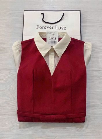 SKY5969 ĐẦM ĐỎ PHỐI CỔ SƠMI TAY PHỒNG