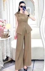 VGU2039 SET ÁO ĐÍNH HOA PHỐI NÚT XÉO - QUẦN TÂY NÂU
