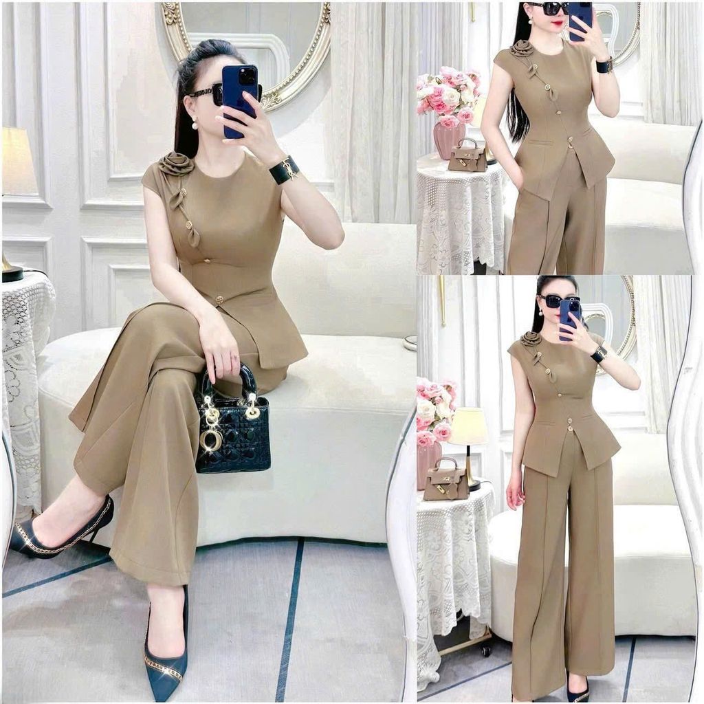 VGU2039 SET ÁO ĐÍNH HOA PHỐI NÚT XÉO - QUẦN TÂY NÂU