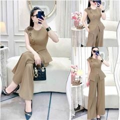 VGU2039 SET ÁO ĐÍNH HOA PHỐI NÚT XÉO - QUẦN TÂY NÂU