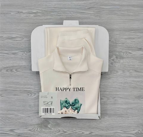 SKY9769 SET THUN CỔ POLO KHÓA KÉO - QUẦN DÀI (KEM)