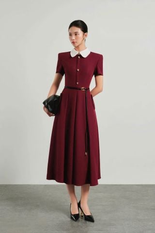 VGU2053 ĐẦM ĐỎ CỔ SEN DÁNG DÀI KÈM ĐAI