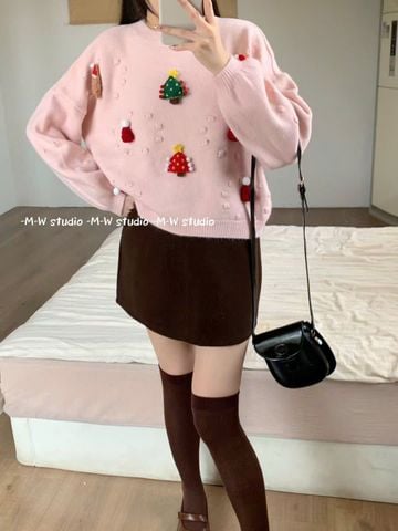 LEN6002 ÁO LEN H.TIẾT NOEL BI NỔI (HỒNG) 398