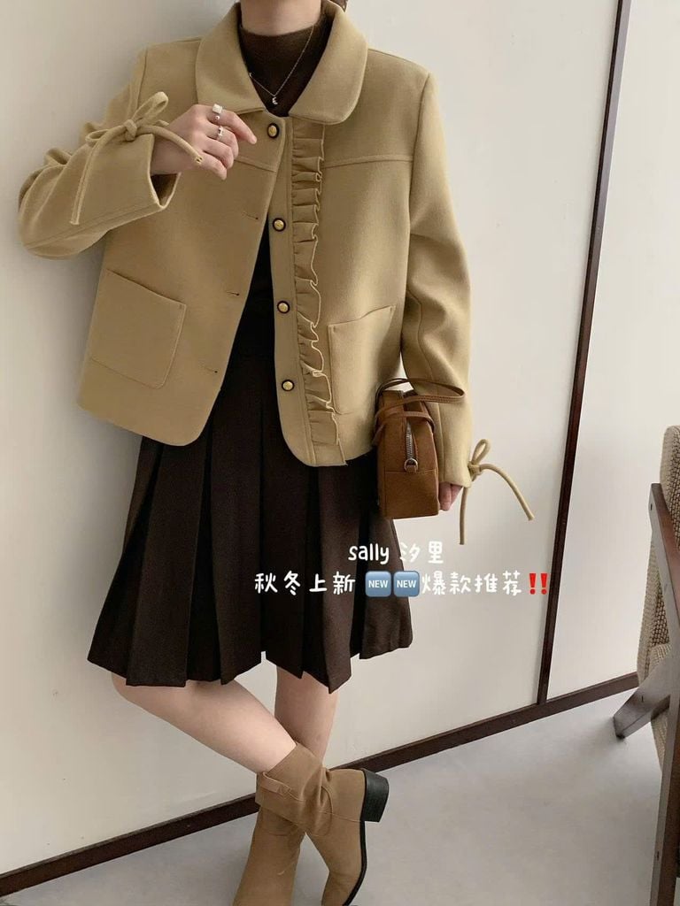 LEN6031 KHOÁC DẠ CỪU VIỀN BÈO CỔ SEN (Vàng ĐẬM) 57859