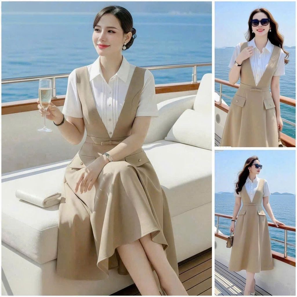VGU2071 - ĐẦM DÀI CỔ YẾM PHỐI SƠMI TAY NGẮN