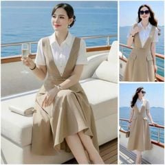 VGU2071 - ĐẦM DÀI CỔ YẾM PHỐI SƠMI TAY NGẮN