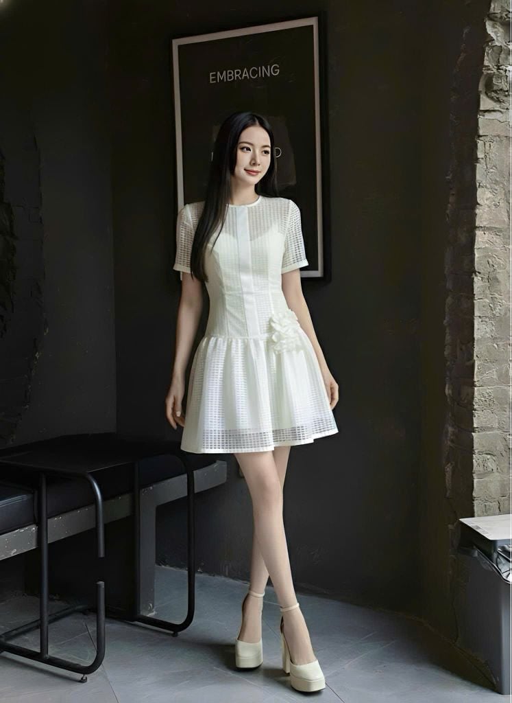 VGU2086 ĐẦM REN LƯỚI NGẮN EO ĐÍNH HOA