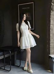 VGU2086 ĐẦM REN LƯỚI NGẮN EO ĐÍNH HOA