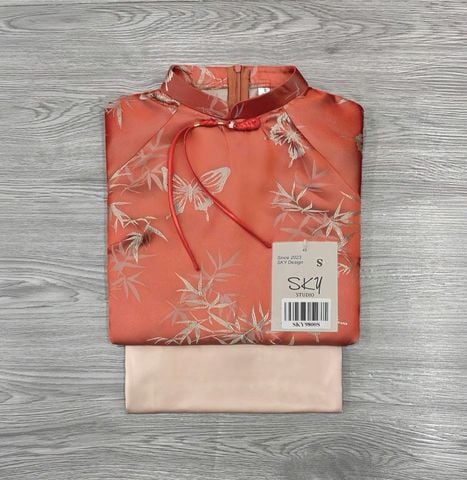 SKY9800 SET ÁO DÀI CAM NÚT TÀU HT BƯỚM - QUẦN DÀI C.CẤP