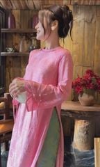 VGU2099 SET ÁO DÀI GẤM HỒNG TAY THẮT NƠ  - QUẦN XANH HỌA TIẾT