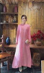 VGU2099 SET ÁO DÀI GẤM HỒNG TAY THẮT NƠ  - QUẦN XANH HỌA TIẾT