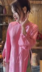 VGU2099 SET ÁO DÀI GẤM HỒNG TAY THẮT NƠ  - QUẦN XANH HỌA TIẾT