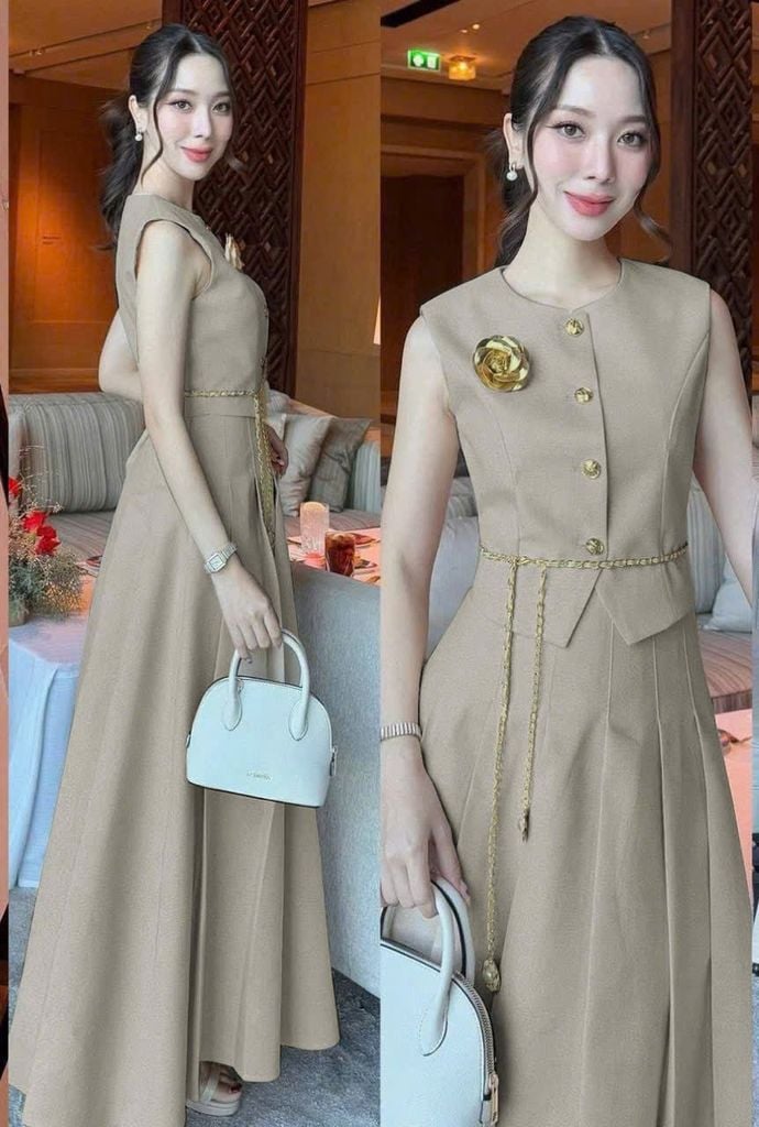 VGU2110 SET ÁO SÁT NÁCH TAG HOA - CHÂN VÁY DÀI + ĐAI EO