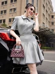 VGU2102 ĐẦM SỌC CỔ SƠMI PHỐI NÚT FORM NGẮN XÒE