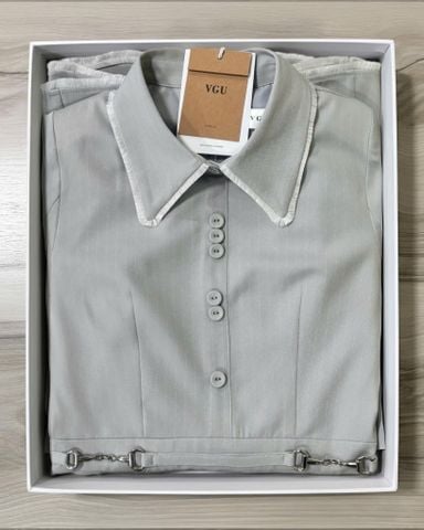 VGU2102 ĐẦM SỌC CỔ SƠMI PHỐI NÚT FORM NGẮN XÒE