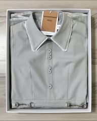 VGU2102 ĐẦM SỌC CỔ SƠMI PHỐI NÚT FORM NGẮN XÒE