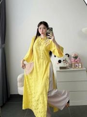 VGU2109 SET ÁO DÀI VÀNG HT HOA LÁ NÚT TÀU - QUẦN HỒNG