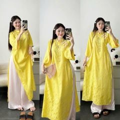 VGU2109 SET ÁO DÀI VÀNG HT HOA LÁ NÚT TÀU - QUẦN HỒNG