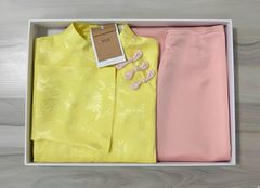 VGU2109 SET ÁO DÀI VÀNG HT HOA LÁ NÚT TÀU - QUẦN HỒNG