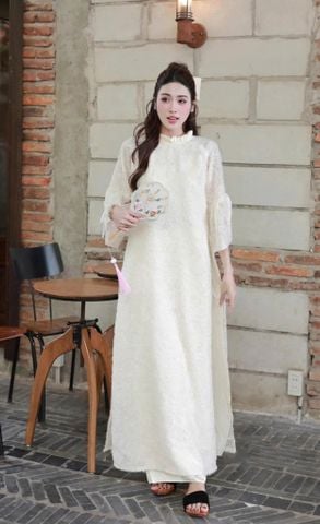 VGU2107 SET ÁO DÀI CÁCH TÂN LÔNG VŨ CỔ BÈO (KEM)