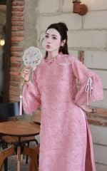 VGU2105 SET ÁO DÀI CÁCH TÂN LÔNG VŨ CỔ BÈO (HỒNG)