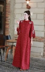 VGU2106 SET ÁO DÀI CÁCH TÂN LÔNG VŨ CỔ BÈO (ĐỎ)