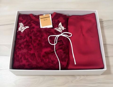 VGU2106 SET ÁO DÀI CÁCH TÂN LÔNG VŨ CỔ BÈO (ĐỎ)