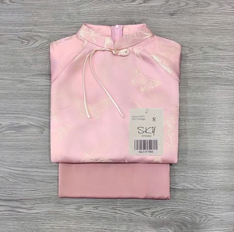 SKY9798 SET ÁO DÀI GẤM HT BƯỚM ÁNH NHŨ - QUẦN DÀI CAO CẤP (HỒNG)