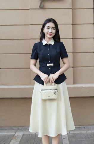 VGU2113 SET ÁO NÚT NGỌC ĐÍNH NƠ EO - CHÂN VÁY DÀI