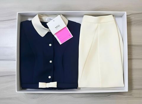 VGU2113 SET ÁO NÚT NGỌC ĐÍNH NƠ EO - CHÂN VÁY DÀI