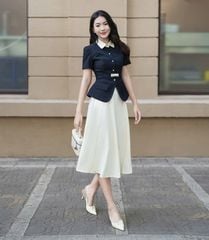 VGU2113 SET ÁO NÚT NGỌC ĐÍNH NƠ EO - CHÂN VÁY DÀI