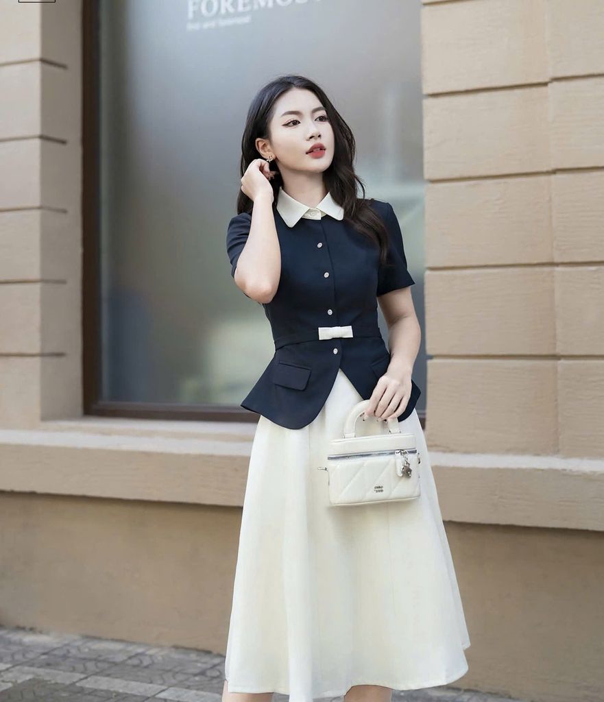 VGU2113 SET ÁO NÚT NGỌC ĐÍNH NƠ EO - CHÂN VÁY DÀI