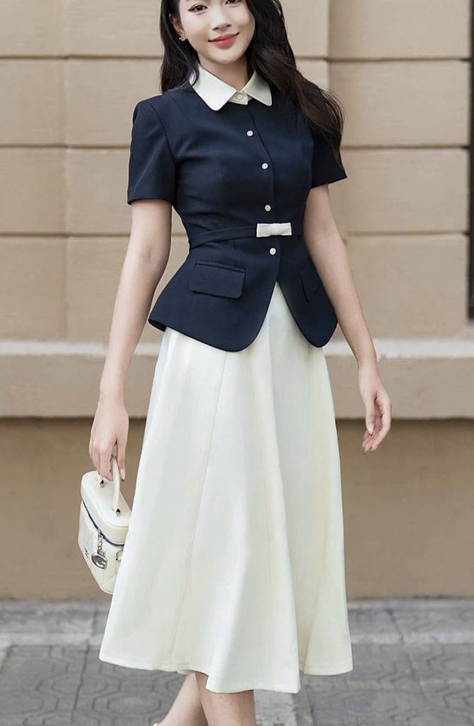 VGU2113 SET ÁO NÚT NGỌC ĐÍNH NƠ EO - CHÂN VÁY DÀI