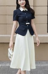 VGU2113 SET ÁO NÚT NGỌC ĐÍNH NƠ EO - CHÂN VÁY DÀI