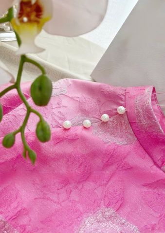 VGU2139 SET ÁO DÀI HOA HỒNG VÂN NỔI NÚT NGỌC CAO CẤP