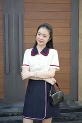 SKY9835 SET ÁO KEM CỔ SEN PHỐI VIỀN - C.VÁY ĐẮP TÀ NGẮN