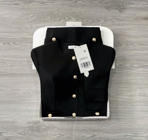 TB9830 SET ÁO TAY DÀI NÚT K.LOẠI PHỐI TÚI - CHÂN VÁY MIDI (ĐEN)