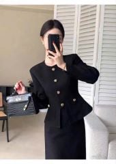 TB9830 SET ÁO TAY DÀI NÚT K.LOẠI PHỐI TÚI - CHÂN VÁY MIDI (ĐEN)