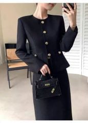 TB9830 SET ÁO TAY DÀI NÚT K.LOẠI PHỐI TÚI - CHÂN VÁY MIDI (ĐEN)