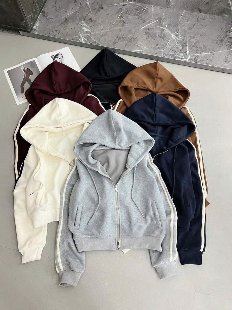 SKY9856 ÁO KHOÁC LỬNG PHỐI SỌC CÓ NÓN (KEM)